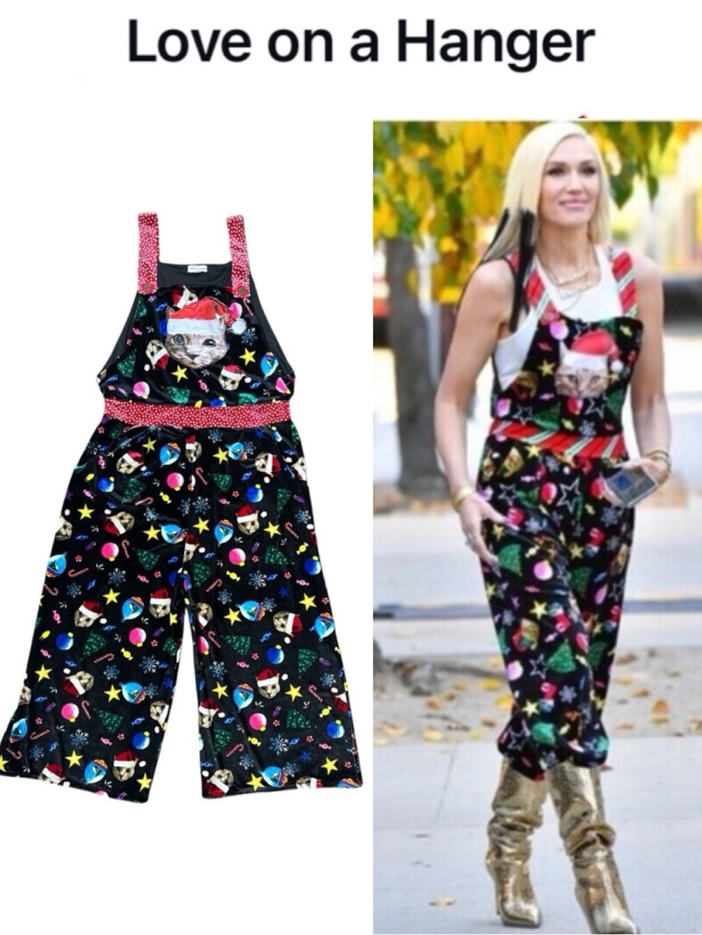 LOVE ON A HANGER CHRISTMAS CAT VELOUR WIDE LEG OVERALLS JUMPSUIT NOVELTY SIZE L